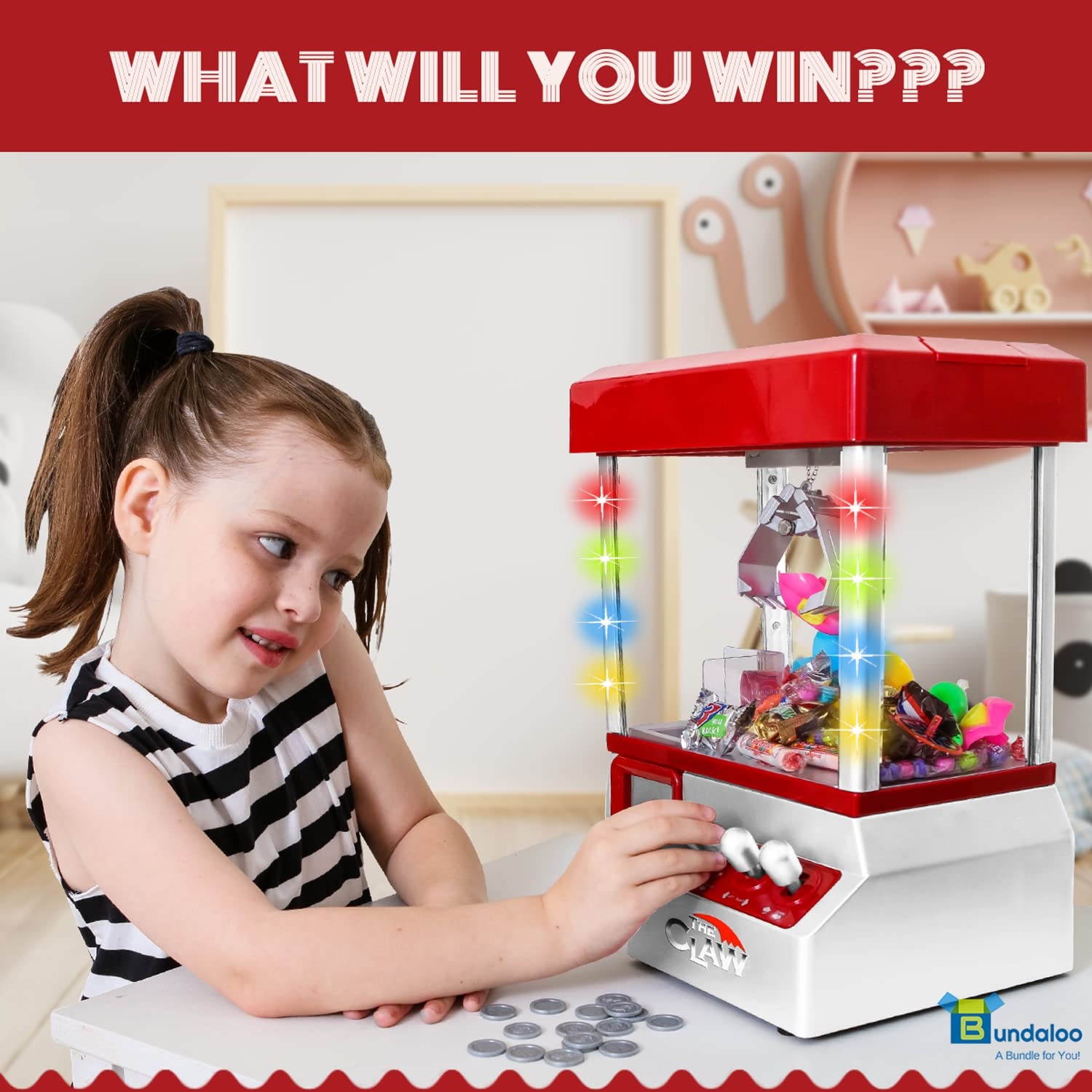 Bundaloo Claw Machine Arcade Game with Sound, Cool Fun Mini Candy Grabber Prize Dispenser Vending Toy for Kids, Boys & Girls (W/Flashing Lights)