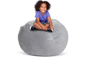 Creative QT Stuff ’n Sit Extra Large 38’’ Bean Bag Storage Cover for Stuffed Animals & Toys, Giant Beanbag Chair Kids, Ages 3-14, Bedroom Organizer Holiday Gifts, Light Grey Corduroy