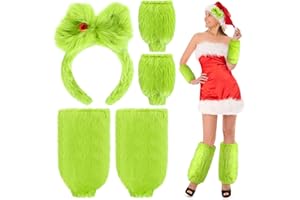 Velmitten 5 Pcs Christmas Monster Costume Fuzzy Hair Bow with Green Fur Leg Warmer and Wrist Green Cuff Fuzzy Monster Costume for Women