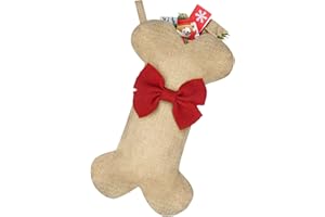 Malier New Linen Large Christmas Stocking for Dogs Cats Pets Jute Natural Burlap Dog Bone Shape Hanging Dog Christmas Stocking - Red