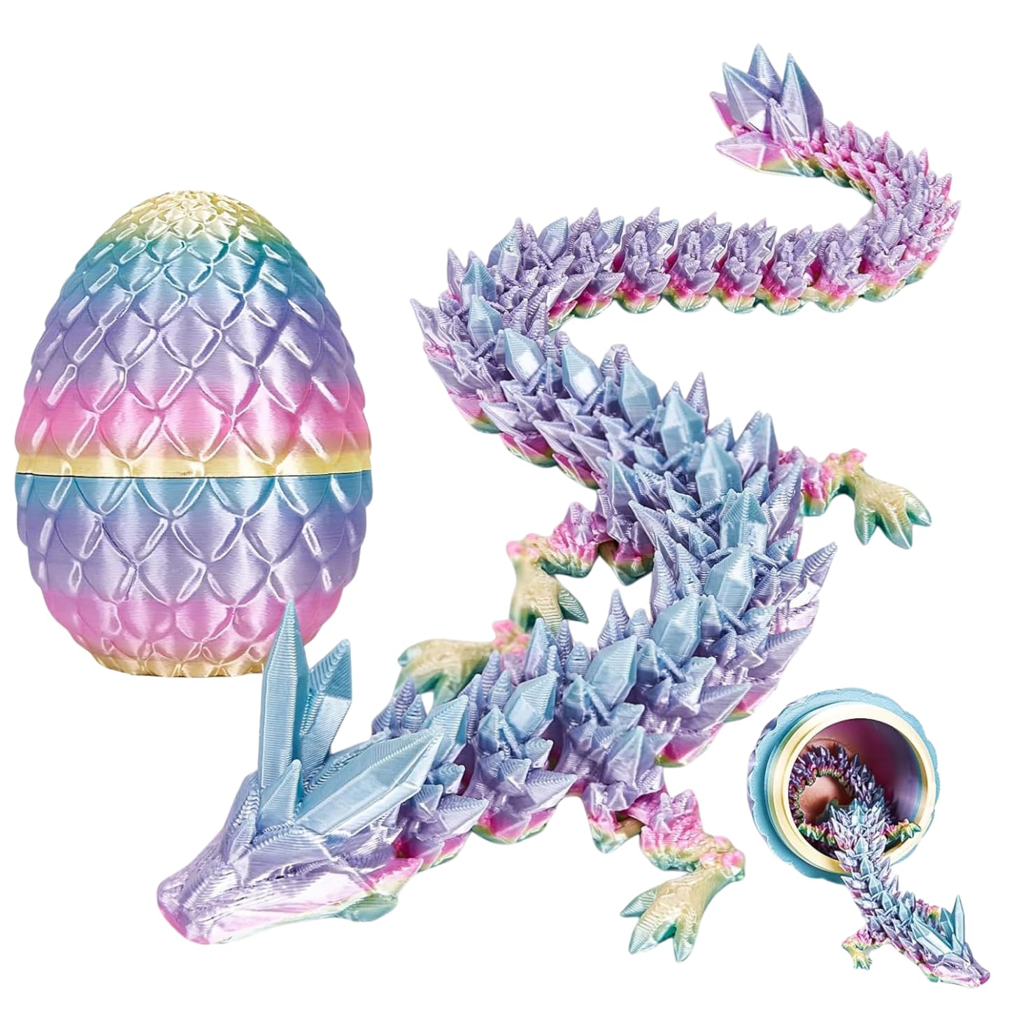 12 Inch 3D Printed Articulated Dragon with Protective Egg, Reinforced Flexible Body, Eco-Friendly PLA Fantasy Display Figure, Colourful Decorative Fidget Toy for Gifts & Room Décor (Rainbow)
