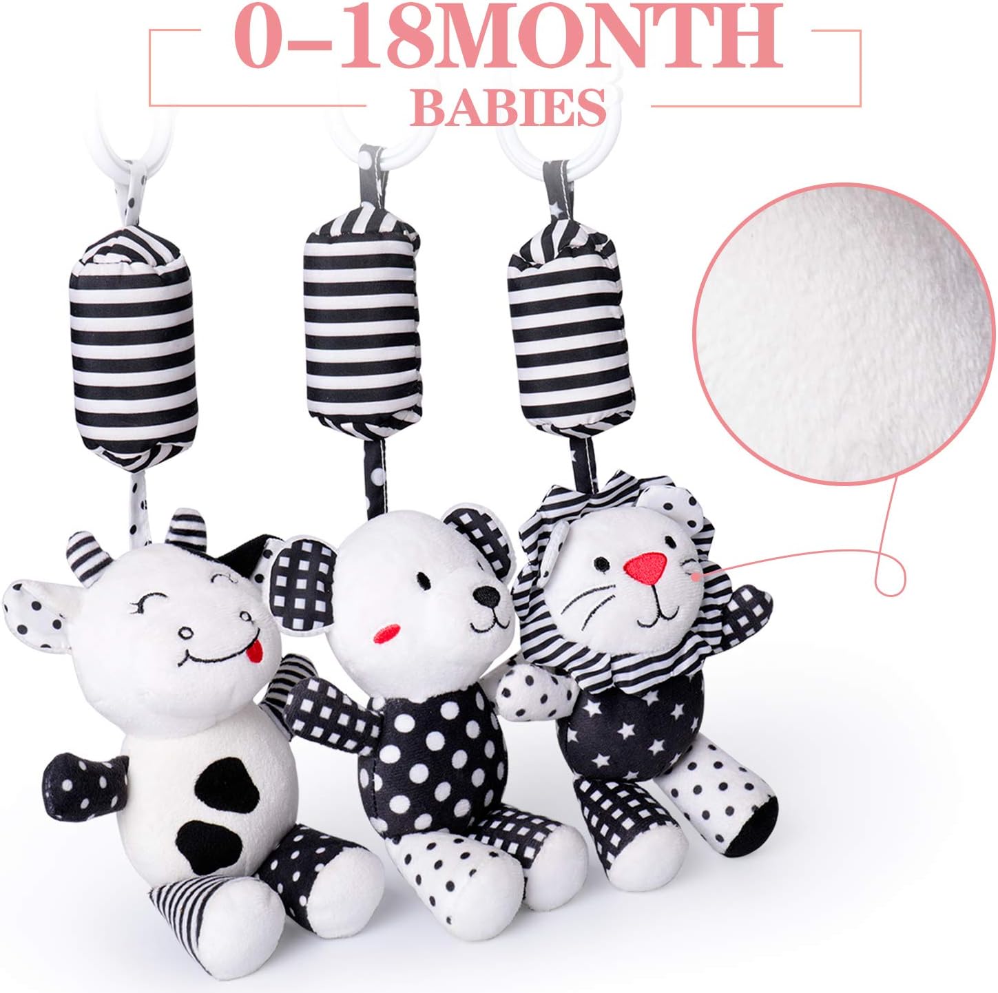 rolimate Baby Toy Cartoon Animal Stuffed Hanging Rattle Toys, Baby Bed Crib Car Seat Travel Stroller Soft Plush Toys with Wind Chimes, Best Birthday Gift for Newborn 0-18 Month (Lion, Cow & Panda): Toys & Games
