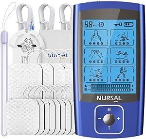NURSAL 24 Modes Dual Channel TENS EMS Unit Muscle Stimulator for Pain Relief Therapy, Rechargeable TENS Machine Pulse Massager with 12 Pcs Electrode Pads/Continuous Stable Mode/Memory Function