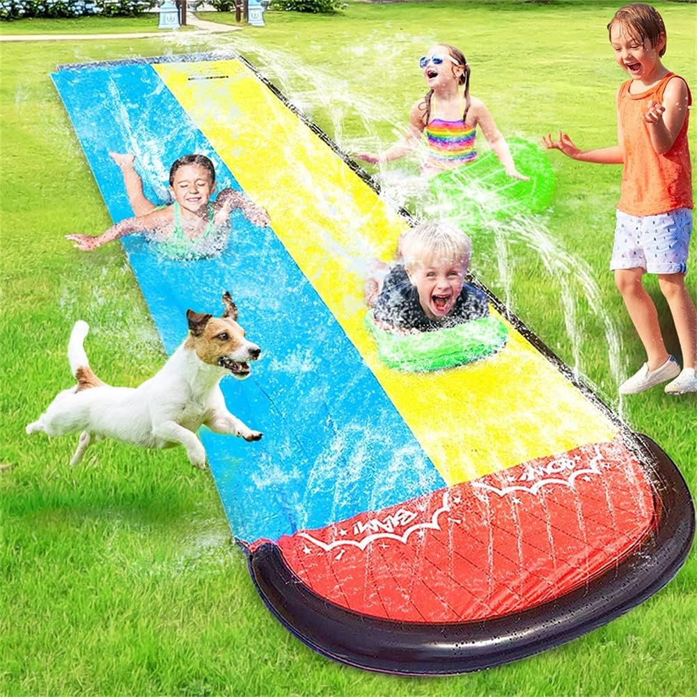 UMEELR Lawn Water Slip and Slide Toys, Double Race Lanes Slip Slide with 2 Splash Sprinkler Inflatable Crash Pad for Kids Boys Girls Summer Garden Backyard Swimming Pool Outdoor Water Toys, 16FT: Toys & Games
