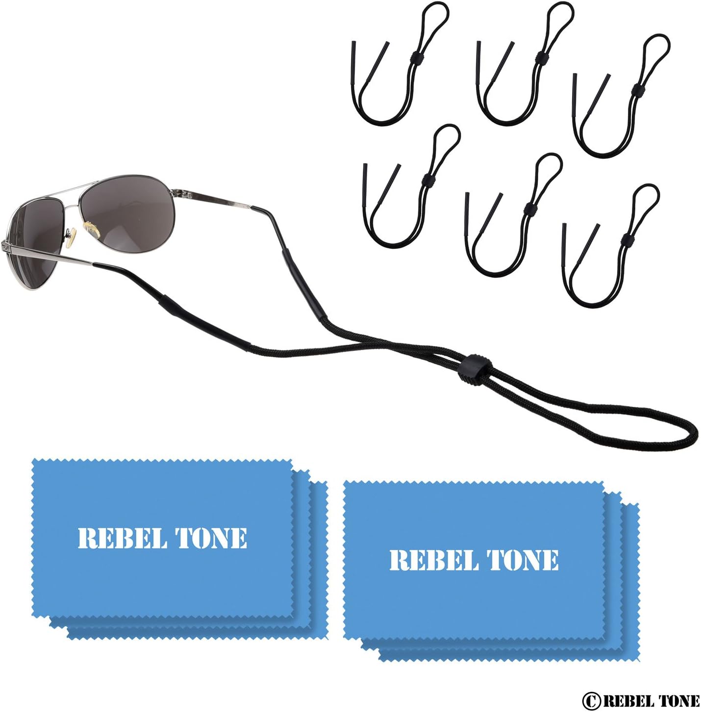 Rebel Tone Sunglass Straps and Cleaning Cloths - 6+6 Pack - Adjustable Retainer Cord - Universal Fit Neck Chains/Head Straps - Safe and Secure for Regular Glasses and Sunglasses - Black Rope
