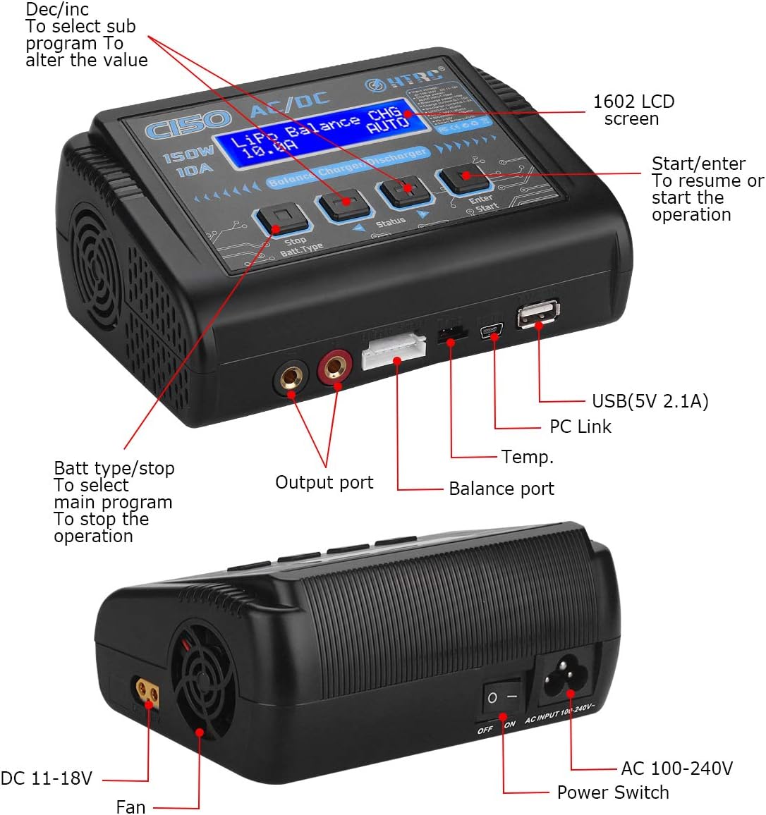 HTRC LiPo Charger RC Battery Balance Discharger 150W 10A 1-6S AC/DC C150 for NiCd Li-ion Life NiMH LiHV PB Smart Battery (Black): Toys & Games