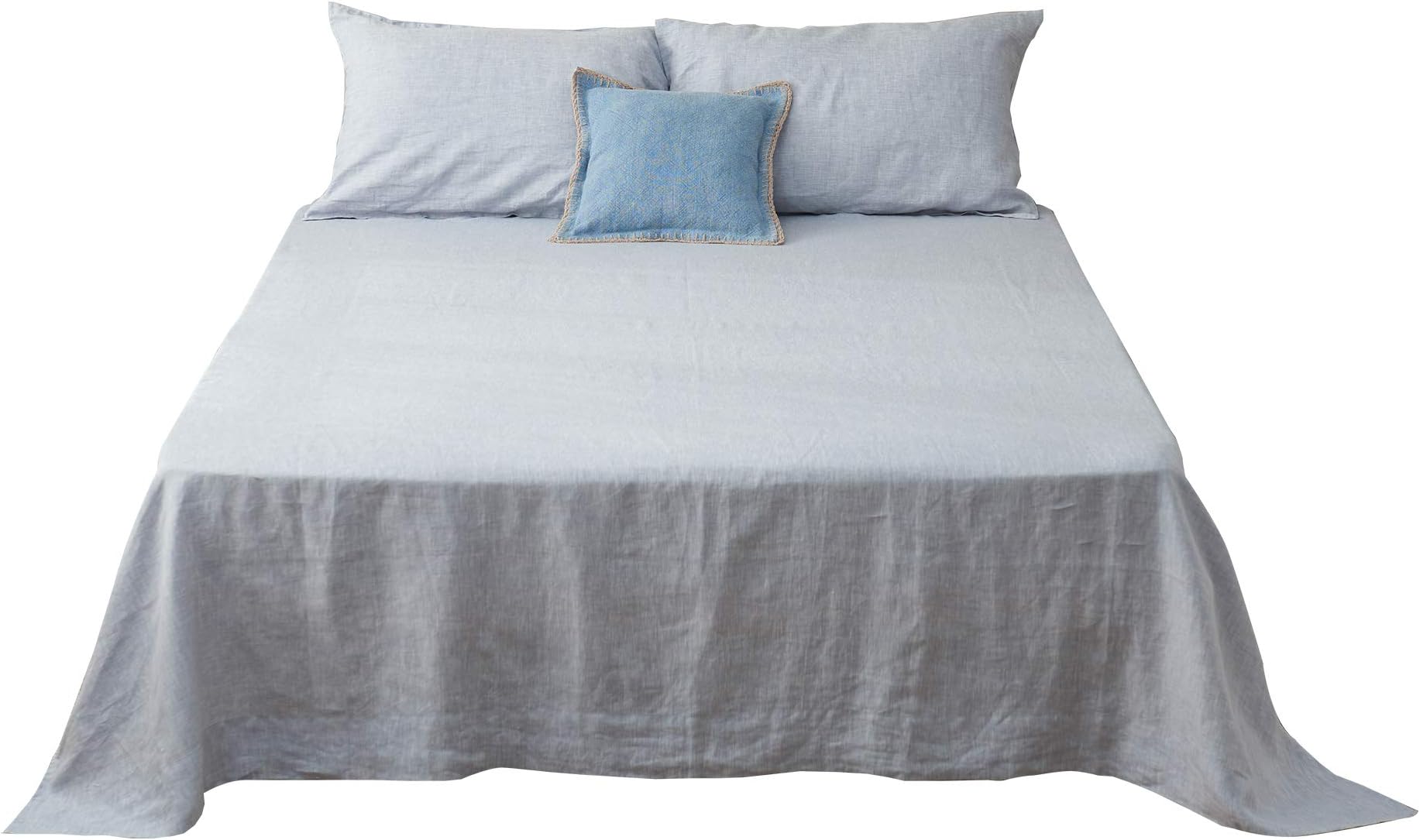 DAPU Pure Stone Washed Linen Sheets Set 100% French Natural Flax（Double, Summer Sky, Flat, Fitted and 2 Pillowcases）