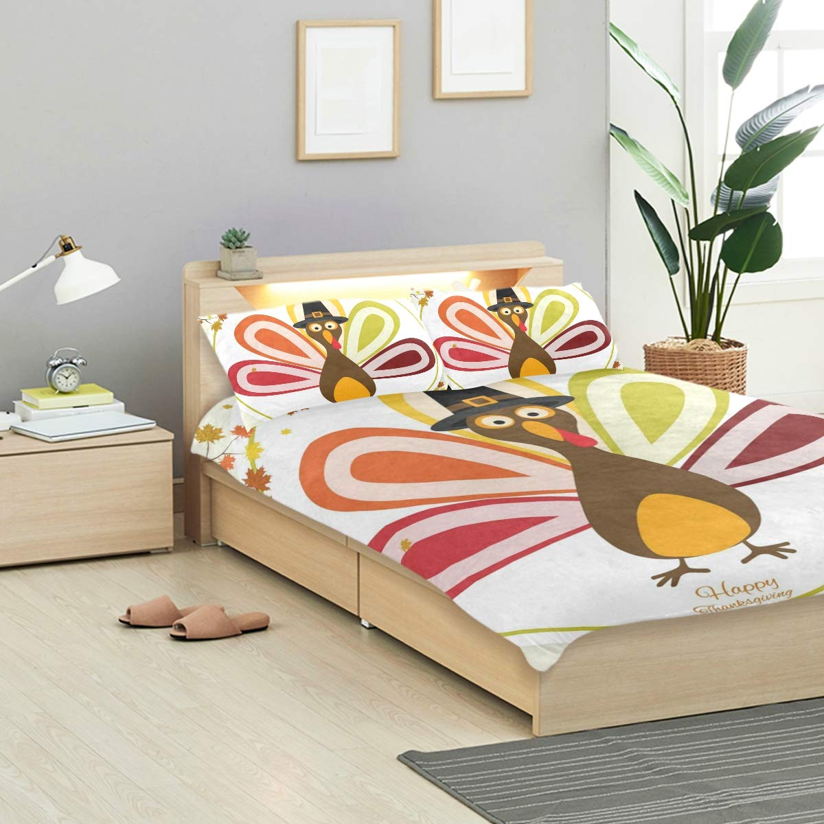 IDO Thanksgiving Turkey Leaves Kids Bedding Comforter Cover Sets Ultra Soft Crystal Velvet Cotton Satin Hotel Collection–Decorative 3 Piece Bedding Set with 2 Pillow Shams, Multicolor