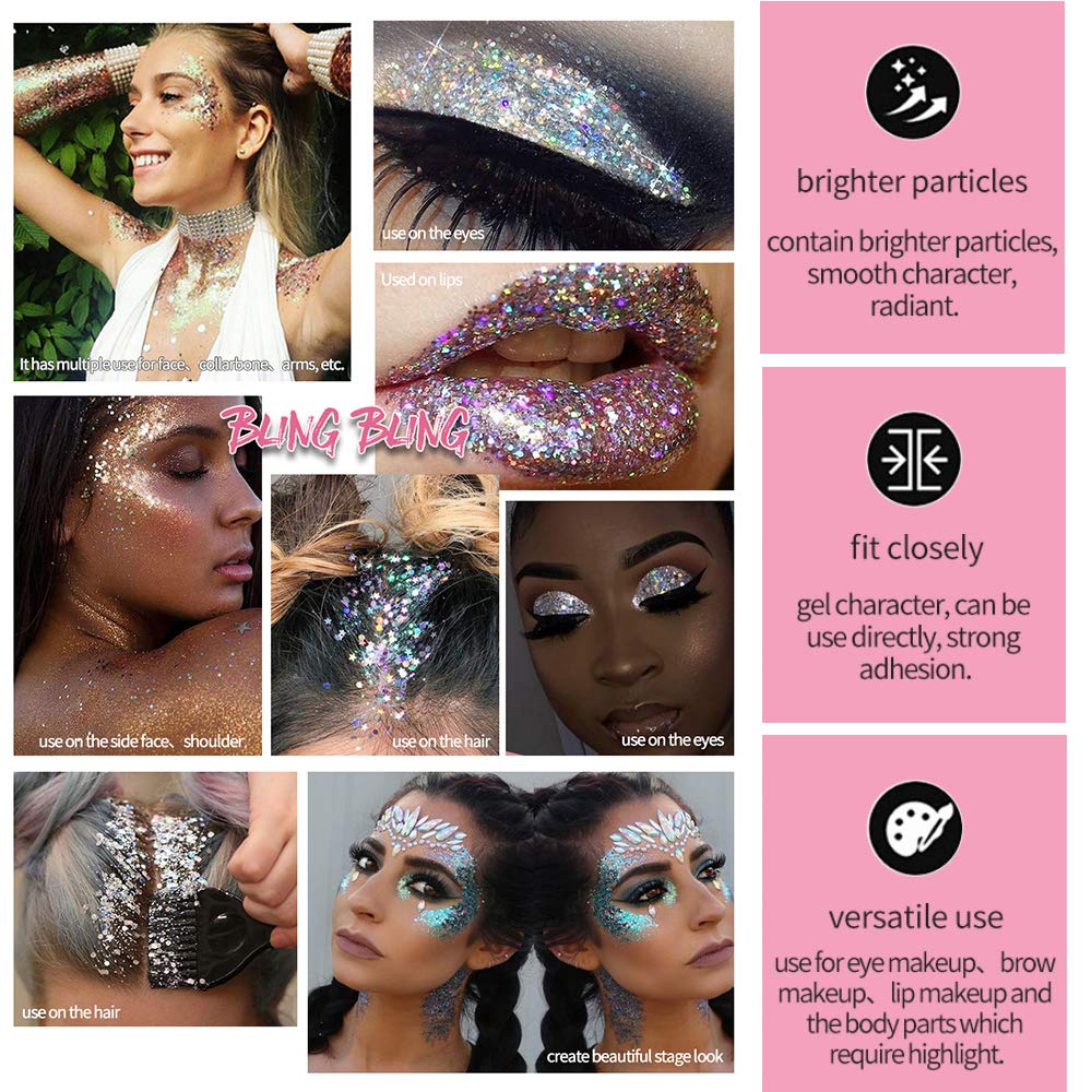 Chunky Body Hair Glitter Gel, Liquid Glitter Eyeshadow Body Gel Festival Glitter Cosmetic Face Hair Nails Makeup Long Lasting Sparkling (2)