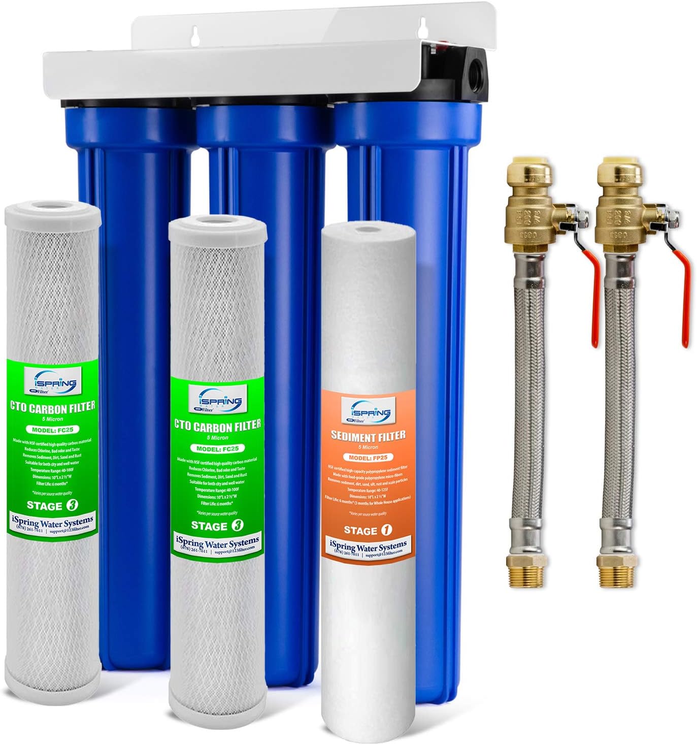 iSpring WCB32O+AHPF12MNPT12X2 3-Stage Whole House Water Filtration System w/ 20” x 2.5” Oversized Fine Sediment and Carbon Block Filters and 3/4