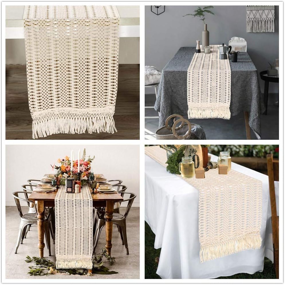 OurWarm Natural Macrame Table Runner Cotton Crochet Lace Boho Wedding Table Runner with Tassels for Bohemian Rustic Wedding Bridal Shower Home Dining Table Decor, 12 x 108 Inch: Home & Kitchen