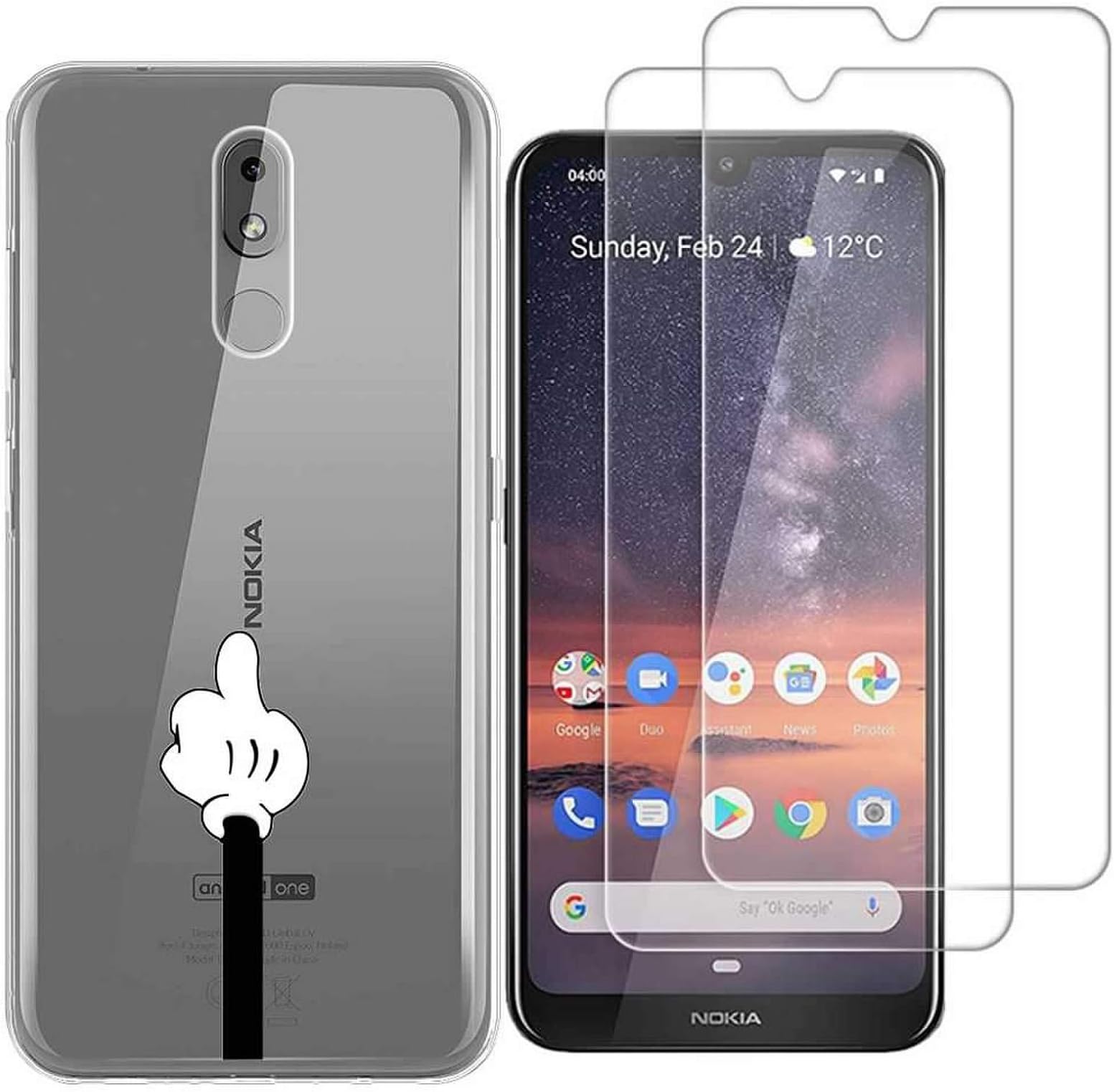 Nokia 3.2 Case with 2 Pack Glass Screen Protector Phone Case for Men Women Girls Clear Soft TPU with Protective Bumper Cover Case for Nokia 3V/Nokia 3 V -Finger