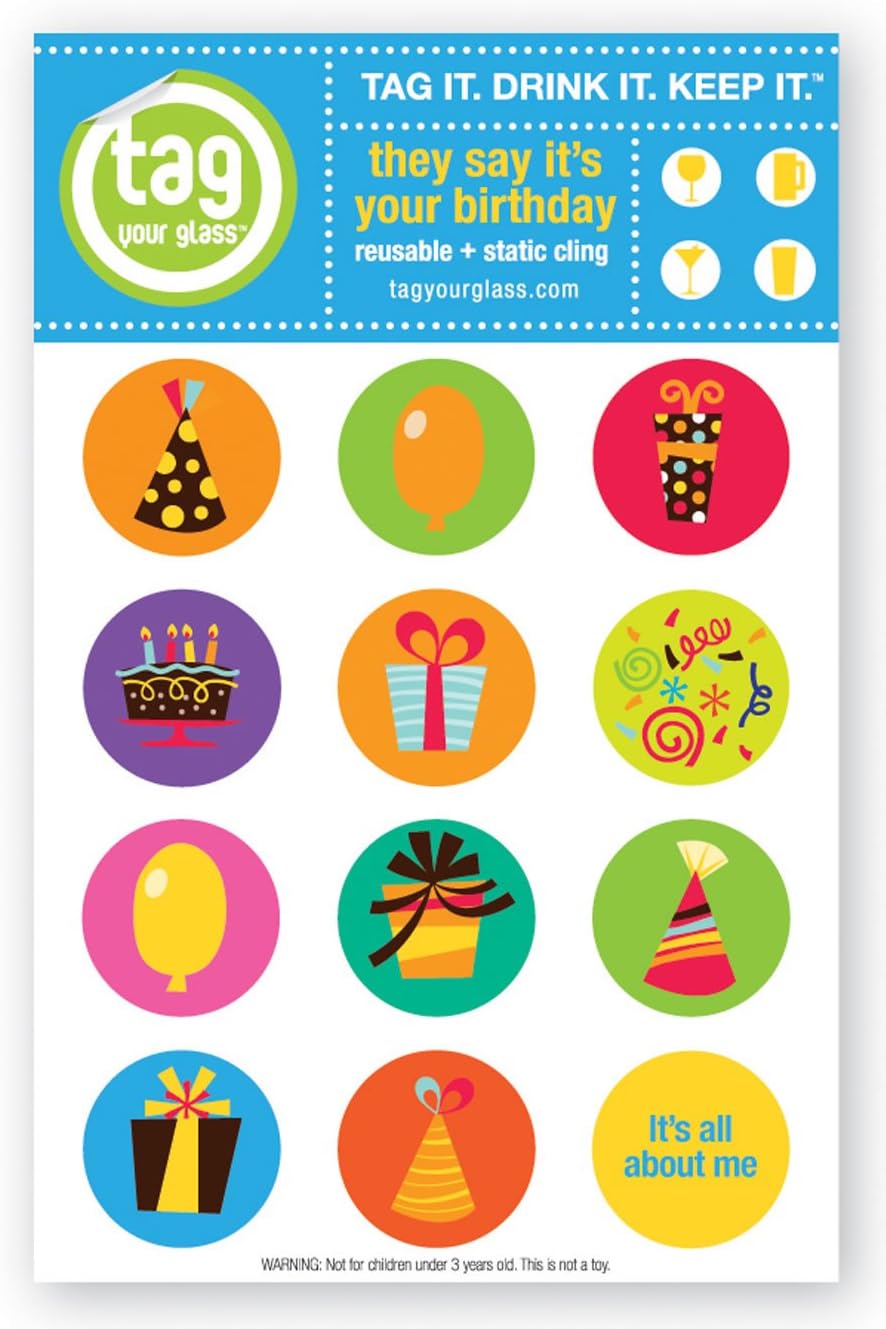 Happy Birthday - Champagne, Beer & Wine Glass Charms - Static Cling. Unique, Reusable Wine Charms, Stemless Wine Glass Charms for Birthday, Wedding, Thanksgiving, Christmas Party Accessory