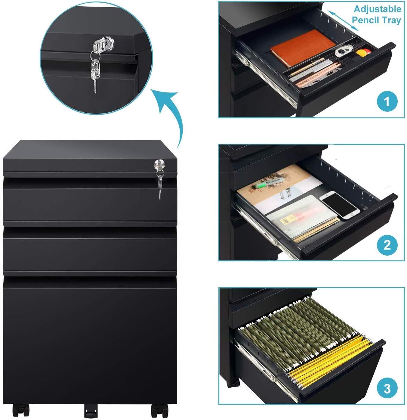 DEVAISE 3 Drawer Mobile File Cabinet Under Desk, Fully Assembled Except Casters, Letter/Legal Size, Black: Furniture & Decor