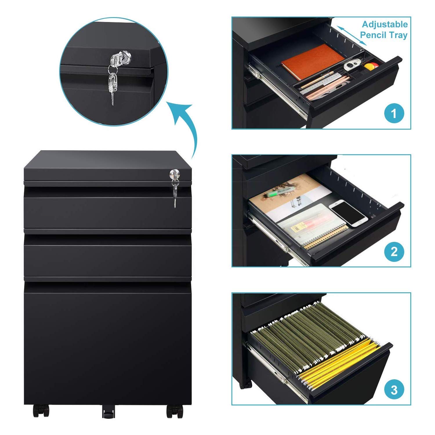 DEVAISE 3 Drawer Mobile File with Lock, Fully Assembled Except