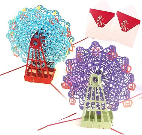 Amazon Moin Moin メッセージ カード バースデー グリーディング 切り絵 立体 回る 飛び出す 3d 観覧車 封筒付 赤 レッド パープル ライトブルー 2種セット ポストカード 絵柄付はがき 文房具 オフィス用品