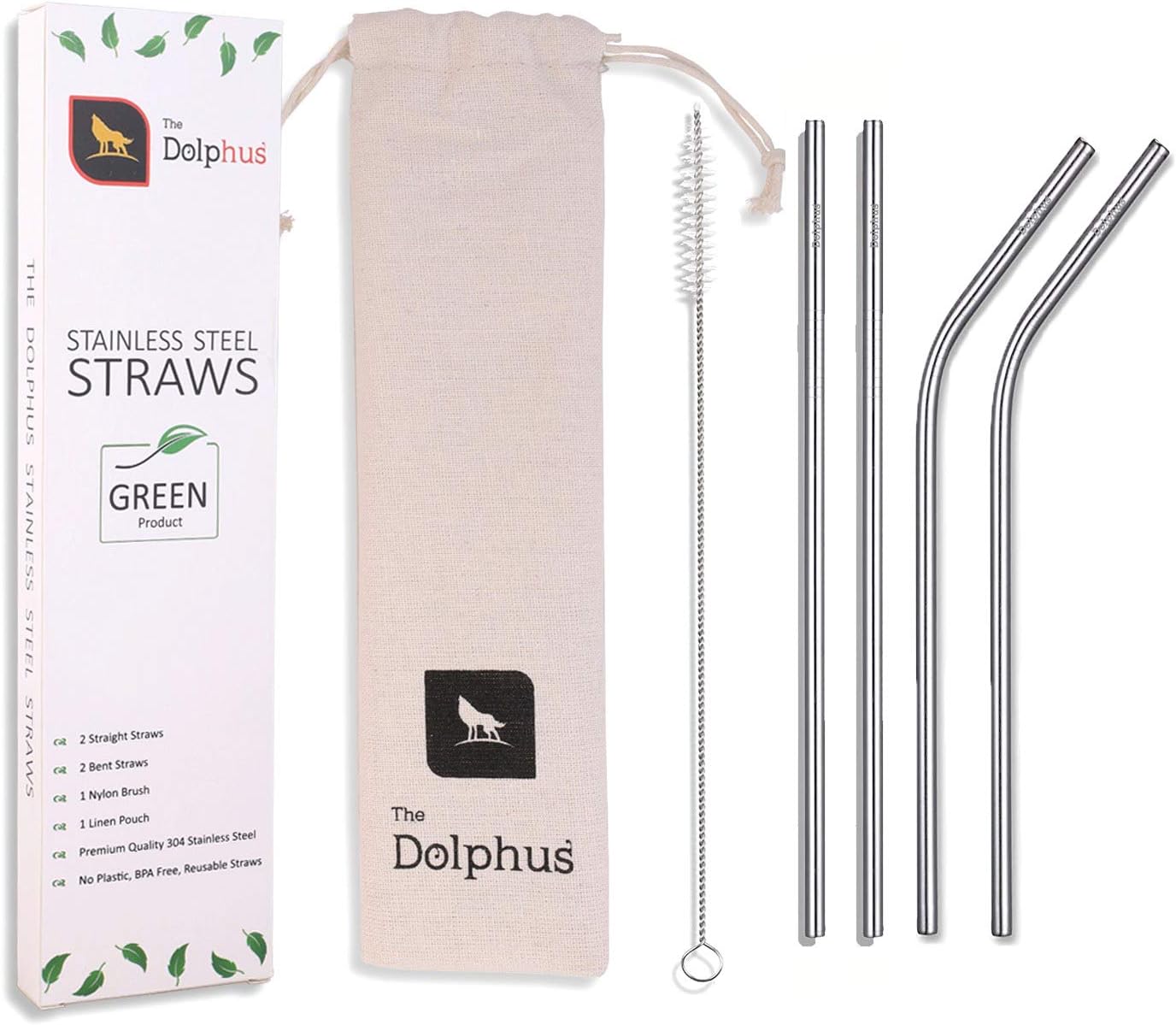 The Dolphus Reusable Stainless Steel Metal Drinking Straws for Beverages Cocktail Mocktail Set of 4 – 2 Straight + 2 Bent + 1 Cleaning Brush + 1 Pouch