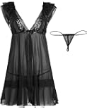 iiniim Women Deep V Neck Lingerie Lace Baby doll Retro Chemise with G-string Sets