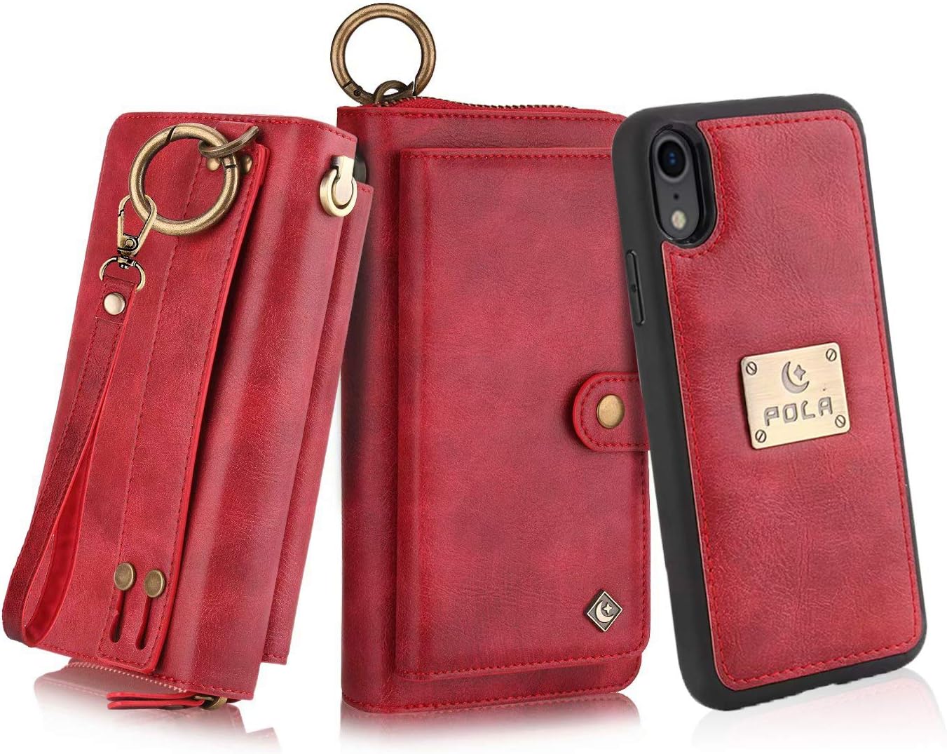 Petocase Compatible iPhone XR Wallet Case, Multi-Functional PU Leather Zip Wristlets Clutch Detachable Magnetic 13 Card Slots & 4 Cash Pocket Protection Back Cover for Apple iPhone 10R 6.1" - Red
