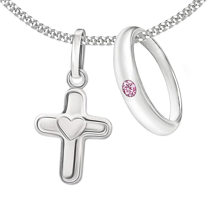 Clever Schmuck Set 2 Silberne Anhänger Mini Kreuz 11 mm glänzend plastisch mit Herz matt und Taufring schlicht mit rosa Zirko