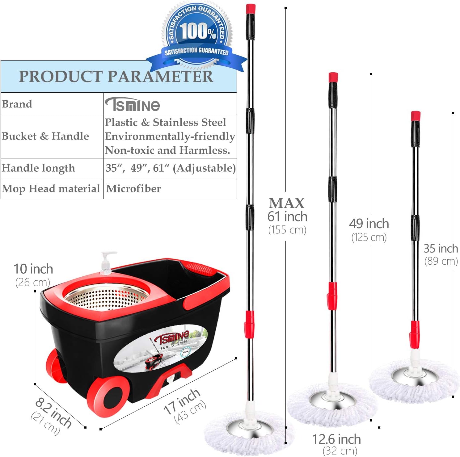 Tsmine Spin Mop & Bucket Floor Cleaning System, Household Cleaning Supplies Stainless Steel Mop Bucket with Wringer on Wheels - 6 Mop Heads 61" Handle, Mop with Bucket for Home Commercial Cleaning: Kitchen & Dining