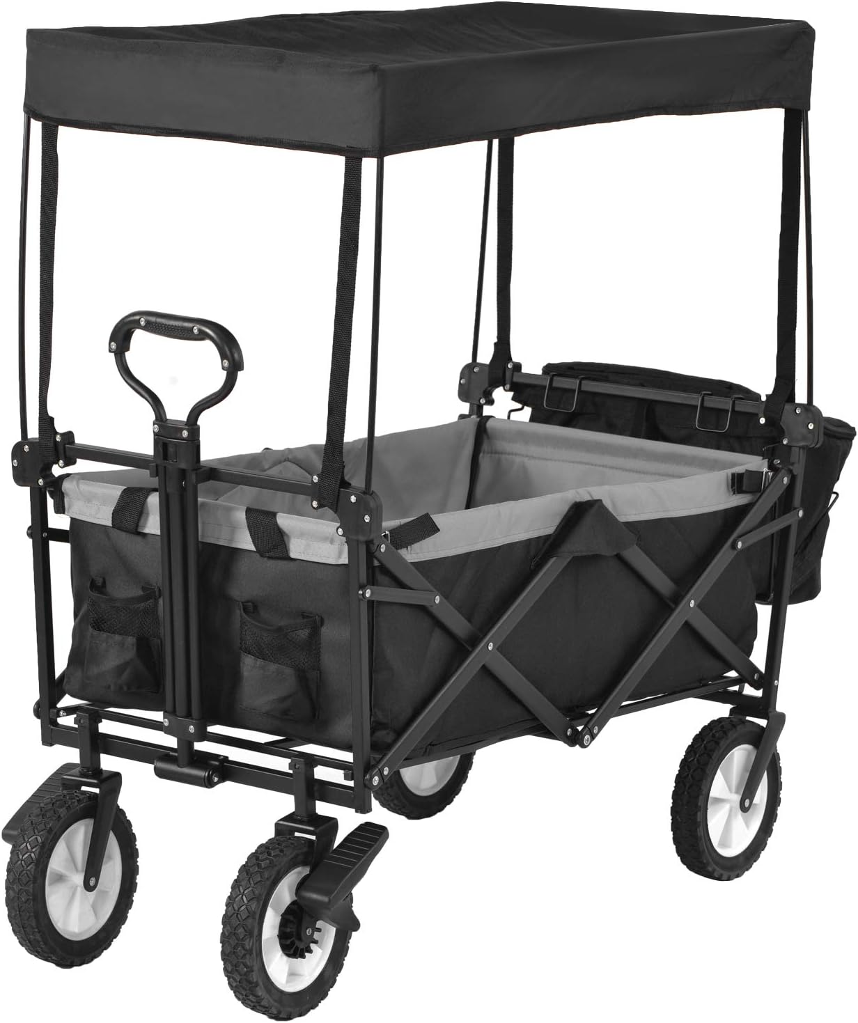 LIFE CARVER Garden Cart Wagons Foldable Pull Wagon with Romovable Canopy Foldable Trolley Wagon 4 Wheels (Black) - 150KG Capacity