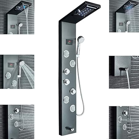 Rozin Schwarz Dusche Duschpaneel aus Edelstahl mit LED Regen und Wasserfalltemperatur-Bildschirm 3 Griffe ABS Handbrause Wann