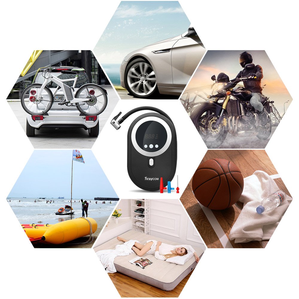 Luftkompressor, Rraycom 12V Tragbare Auto Reifenpumpe mit LED-Licht und Digital-Manometer, 3 Hochdruckdüsen für Auto Motorrad Fahrrad Basketball