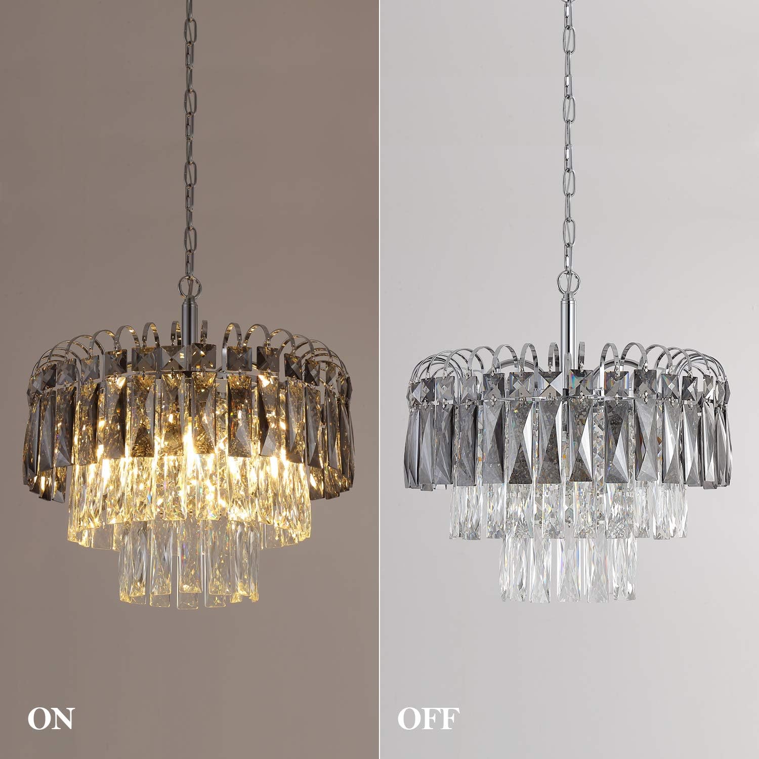 Q&S Crystal Chandelier Lighting, Modern Chrome Chandeliers, K9 Crystal Smoky+Clear, 4 Lights Pendant Light Ceiling Light Fixture For Dining Room, Living Room, Kitchen Island,W17.1".: Home Improvement