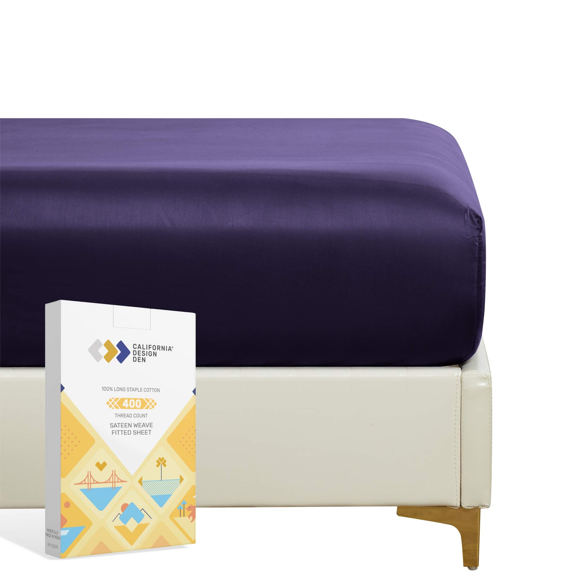 California King Fitted Sheet Only - 1 Piece Dark Purple 400 Thread Count Bottom Sheet, Pure Cotton Sateen Weave, Elasticized Deep Pocket Fits Low Profile Foam and Tall Mattresses
