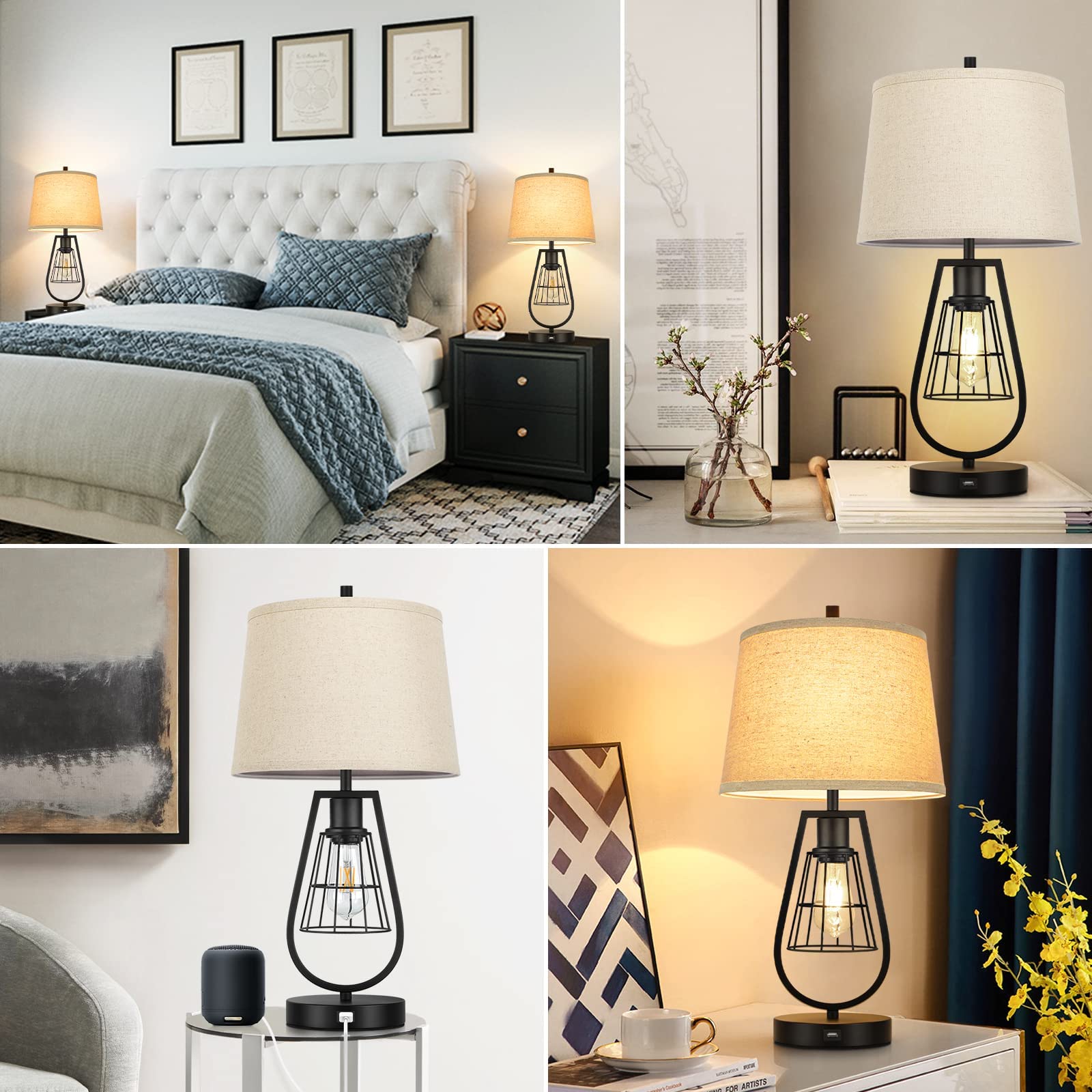 VerRon Industrial Touch Table Lamps with USB Port, 3-Way Dimmable Farmhouse Bedside Nightstand 2-Lights Lamps for Bedroom Living Room Reading, Cream Fabric, Black Metal Base, Bulbs Included