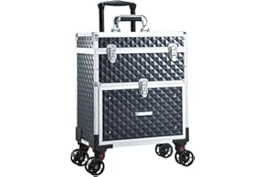 Adazzo Professional Rolling Makeup Case with Drawer for Makeup Artists Cosmetic Train Case Large Storage Case for Nail Technicians Cosmetology Case with Detachable Bag for Hairstylist Black