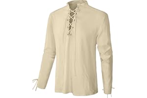 LVCBL Medieval Lace Up Linen Blend Shirt for Men Long Sleeve Stand Collar Breathable Vintage Pirate Style Casual Top