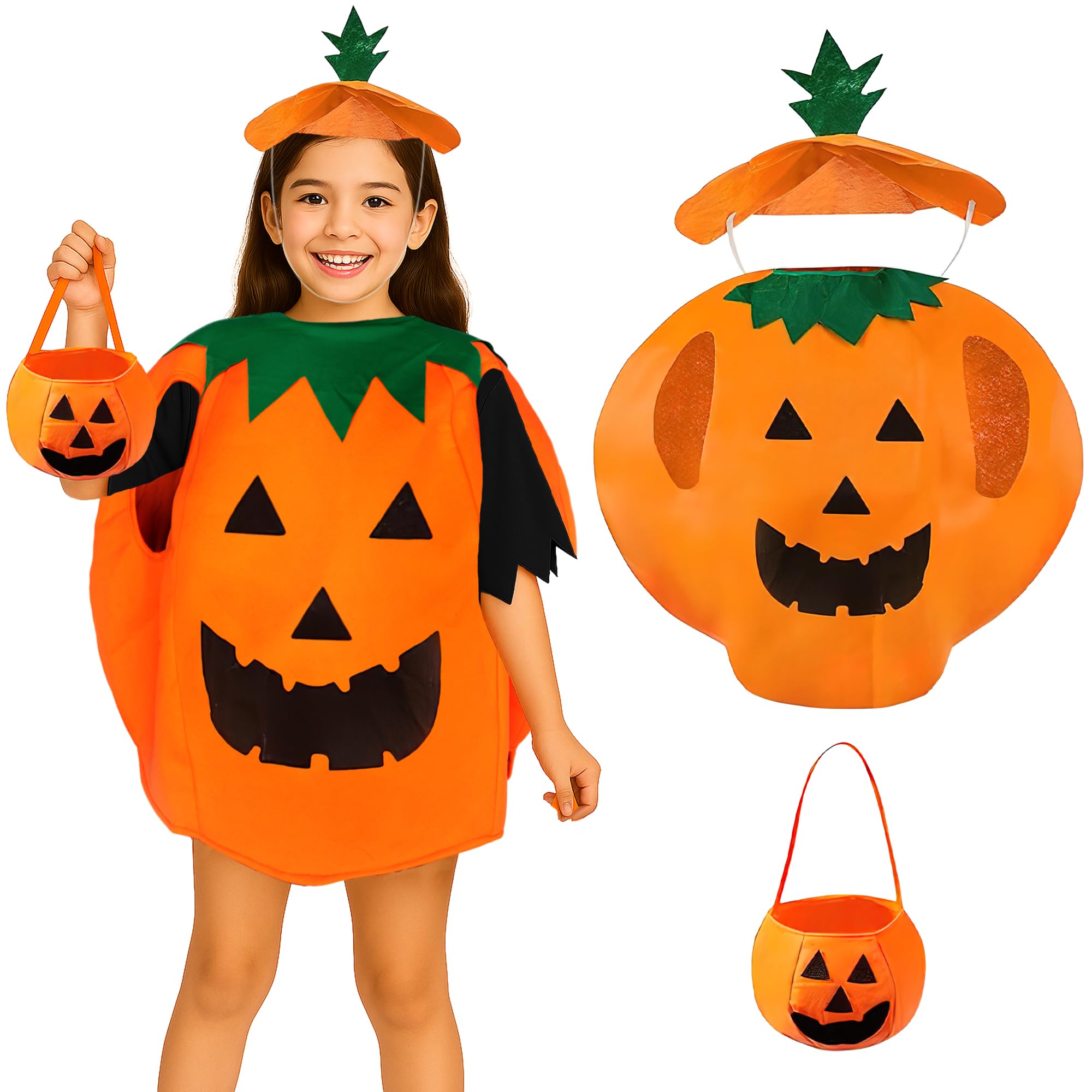 3pc Halloween Pumpkin Costume Kids Fancy Dress - Vibrant Orange Kids Pumpkin Costume with Stalk Hat and Bag Halloween Outfits for Boys and Girls - Unisex Fancy Dress Outfits for Children