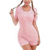 ABAFIP Women's Pajama Jumpsuit Cute Prints Button V Neck Short Sleeve Romper Shorts Sexy One Piece Sleepwear