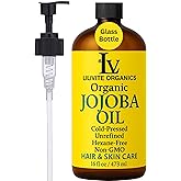 Organic Jojoba Oil – 100% Pure, Cold-Pressed, Unrefined – Jojoba Oil for Hair, Skin, Face, Body, Beard, and Scalp – Natural Carrier Oil for Essential Oils – 16 fl oz Amber Glass Bottle with Pump