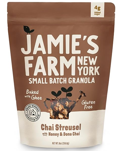 JAMIE’S FARM, CHAI STREUSEL WITH HONEY GRANOLA, GLUTEN-FREE, ORGANIC OATS, LOW SUGAR, BAKED WITH GHEE (8OZ BAG)