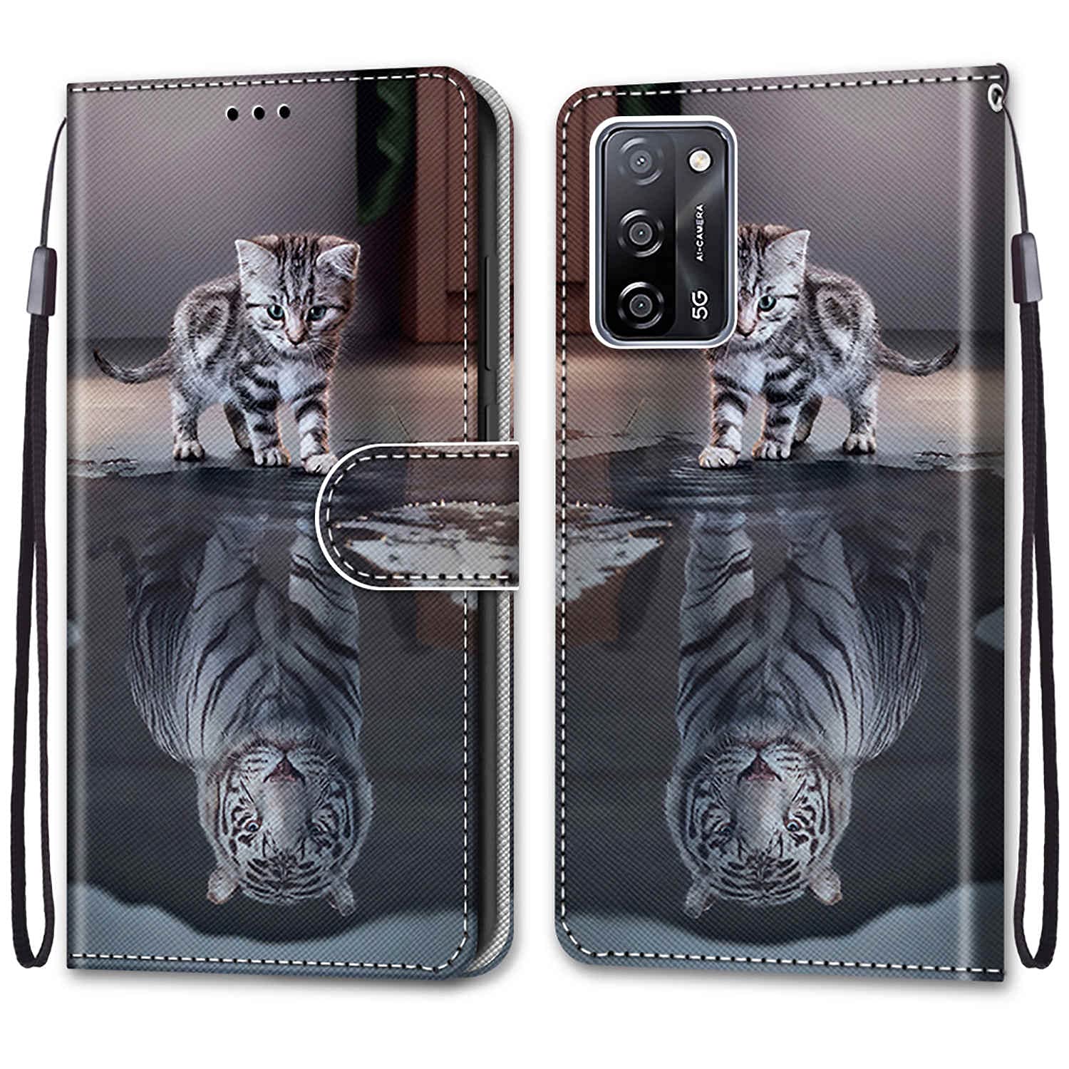 Oppo A16 / A16S / A54S Phone Case, Flip Shockproof PU Leather Wallet Card Slots Cover Gel Bumper Protective Case with Magnetic Closure Kickstand for Oppo A16 / A16S / A54S Case, Cat & Tiger