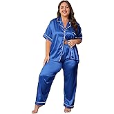 Vozanet Women's Button Down Satin Pajama Sets Silky Short Sleeve Top & Pants Plus Size Loungewear Classic Sleepwear XL to 5XL