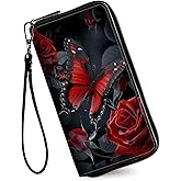 RAUEDWDJS Women's Wallets,Credit Card Holder Money Leather Long Wallet with Wristlet,Large Capacity with Zip-Around Phone Purse for Women Ladies Girls,Red Butterfly Rose