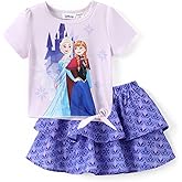 Disney Frozen Elsa Stitch Minnie Princess Toddler Girls' T-Shirt & Double Ruffle Skirt 2 Piece Outfit Summer Clothes Set 2-9Y