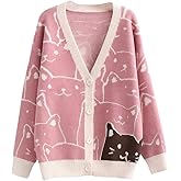 ebossy Women's Kawaii Cartoon Cat Cardigan Japanese Aesthetic Button Down Jacquard Knit Sweater Coat