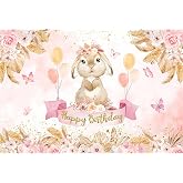 Pink Happy Bunny Birthday Backdrop Photography 5x3ft Baby Shower Decor | Flowers Rabbit Balloons Butterflies Photo Background for Girl Easter Birthday Party Decoration Baby Shower Banner Photo Booth