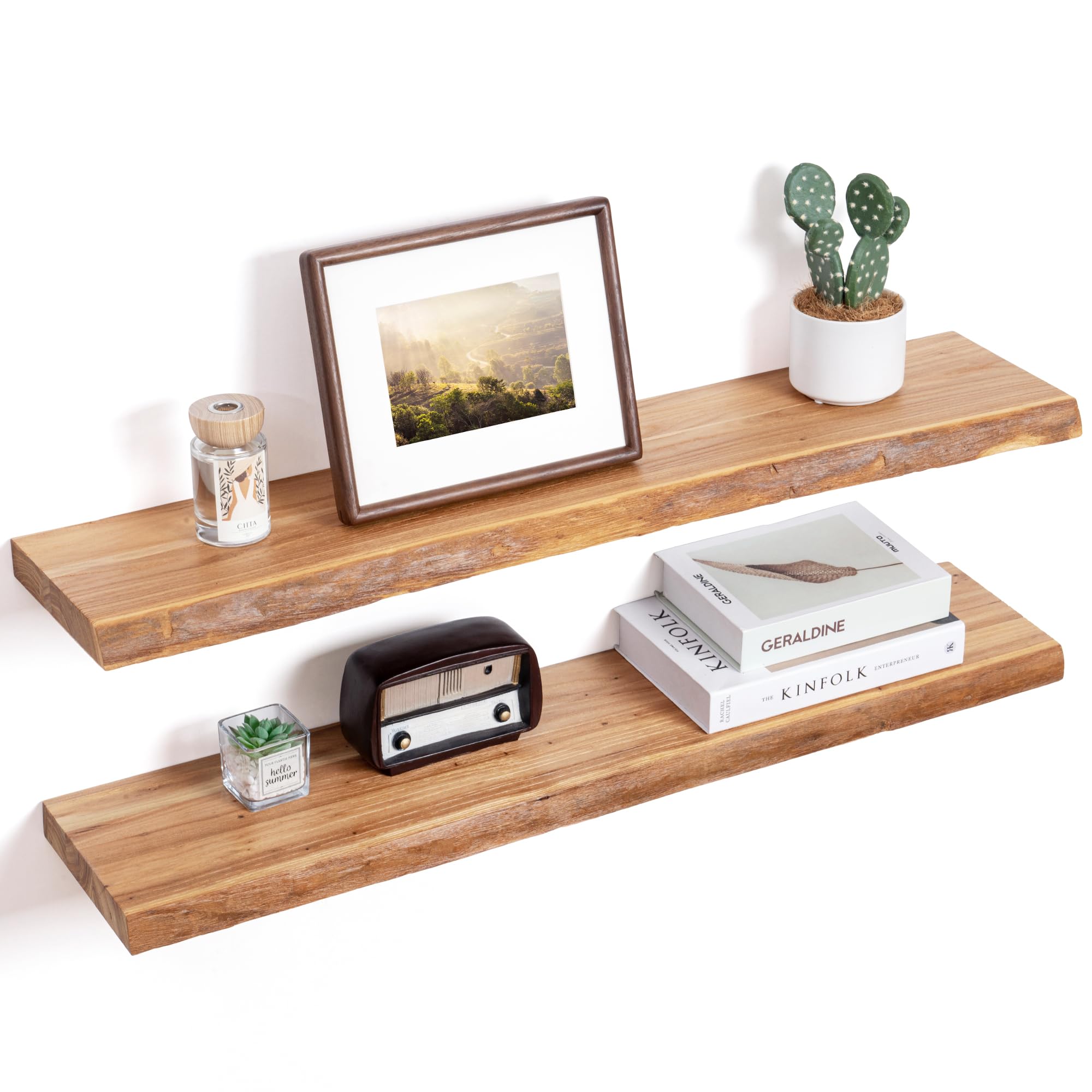 Photo 1 of **Partial set - ONLY 1**
Floating Shelves for Wall Decor, Rustic Solid Elm Wood Live Edge Floating Shelves Wall Mounted, Wall Shelves with Invisible Bracket for Living Room Bathroom Bedroom Kitchen, 36 Inch Set of 2, Natural