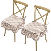 Moukeren Camel Gingham 2 Pcs Ruffled Chair Cushion Covers 17.5 x 17.5 | Non-slip with Ties, Cotton Fabric with Plaid Gingham Pattern, Farmhouse Style, Fits Kitchen and Dining Room Chairs
