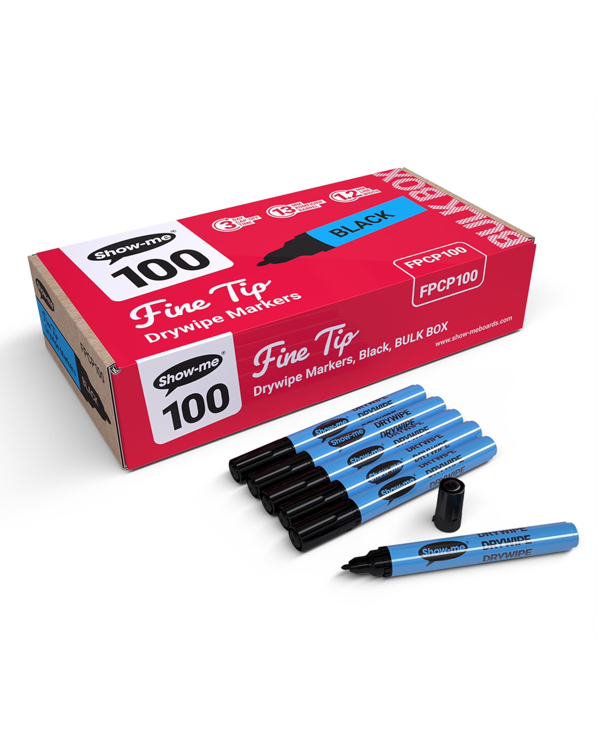 SHOW-ME - Whiteboard Markers | Drywipe, Erasable Black Fine Tip 1.2mm Line | Classroom Board Writing Pens with 3-Day Cap-off, Box of 100