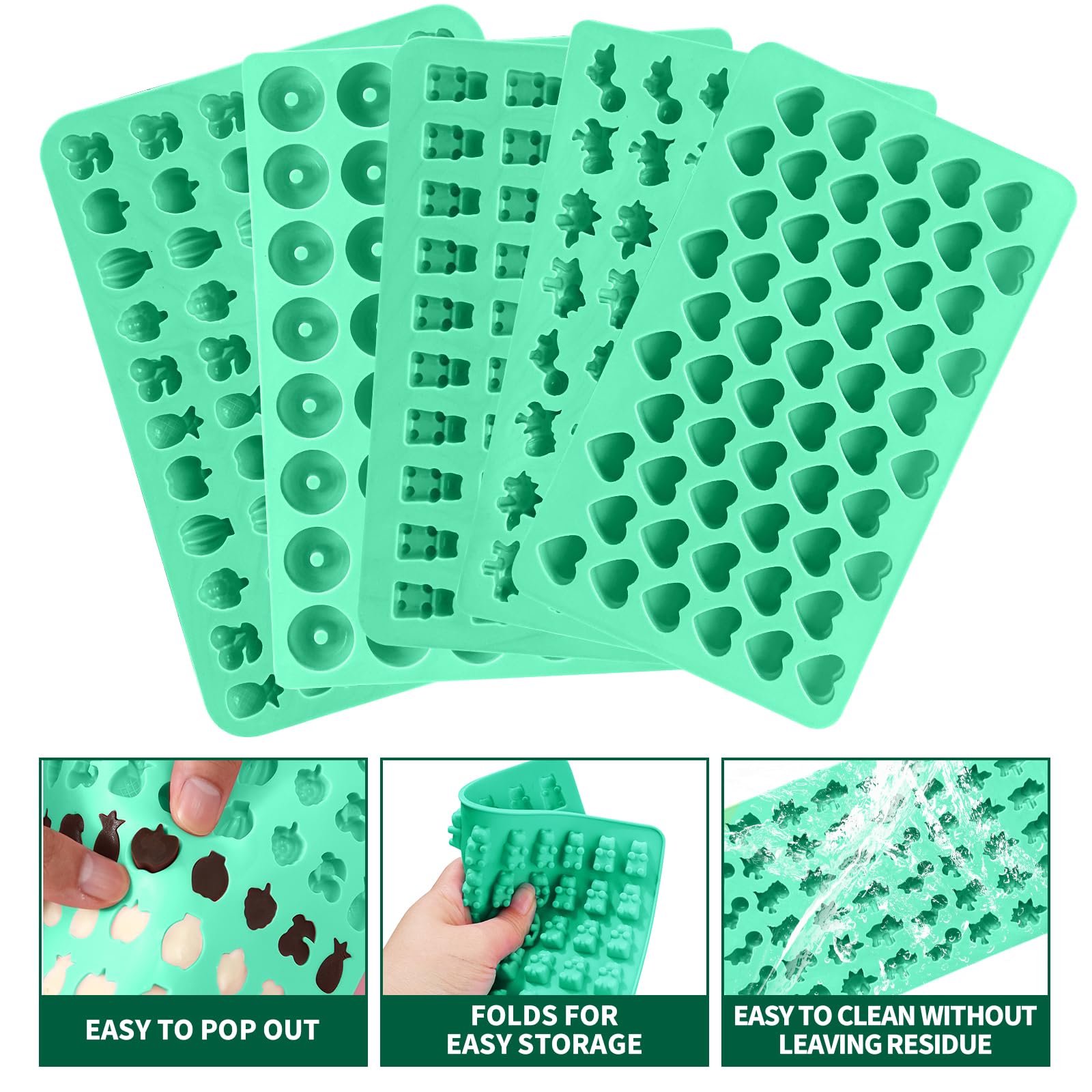 Silicone Gummy Molds Set of 5, Candy Molds Silicone with 2 Droppers for Convenient Filling, Gummy Molds Set Includes Dinosaur, Bear, Donut, Heart and Fruit