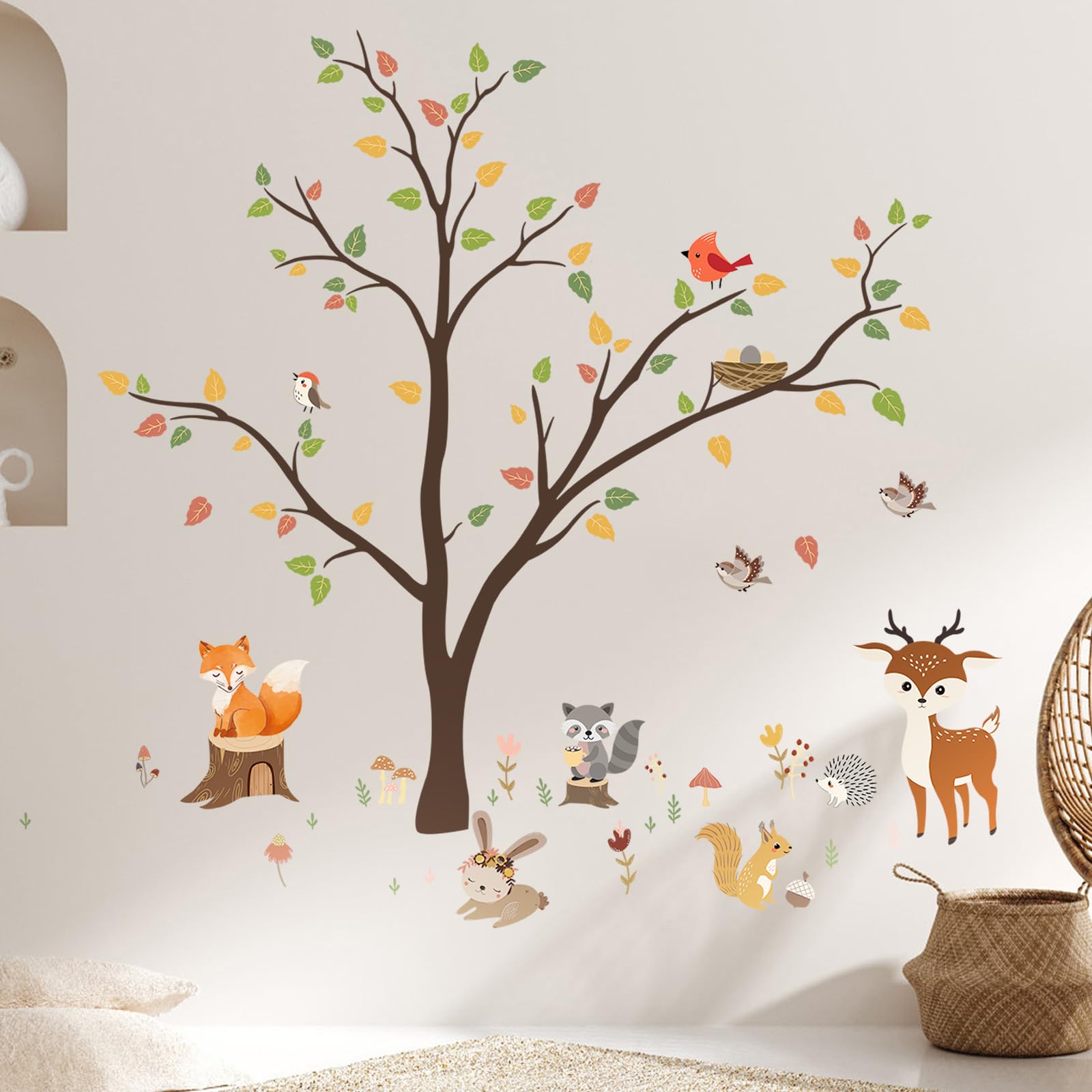 DAWRIS Woodland Animals Tree Kids Wall Stickers Nursery Wallpaper Kids Wallpaper Fox Deer Hedgehog Rabbit Squirrel Raccoon Wall Decals Baby Nursery Kids Bedroom Living Room Wall Decor Decoration