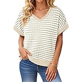 Tankaneo Womens V Neck Short Sleeve T-Shirts Oversized Knit Striped Tops 2026 Trendy Casual Loose Tees