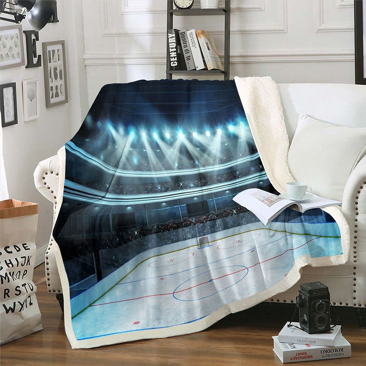 Homemissing Hockey Stadium Sherpa Blanket Kids Sport Theme Plush Blanket Ice Rink Sport Arena Fuzzy For Sofa Bed,Double 60x79 Inch